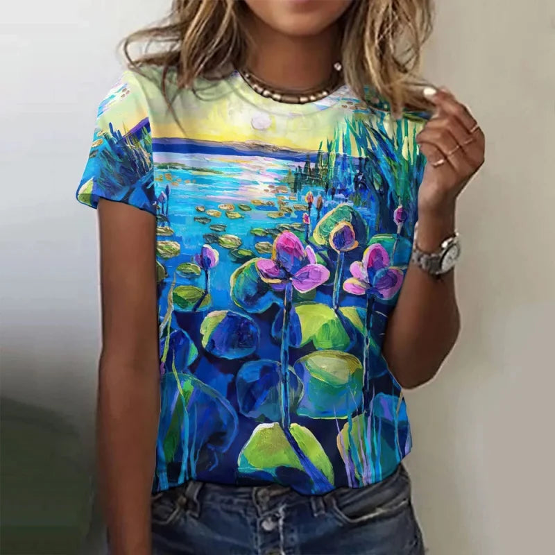 Trees Flowers Pattern T Shirt For Women Ocean Sun 3D Printed Short Sleeves Tees Summer Casual Loose T-Shirts Street O-Neck Tops