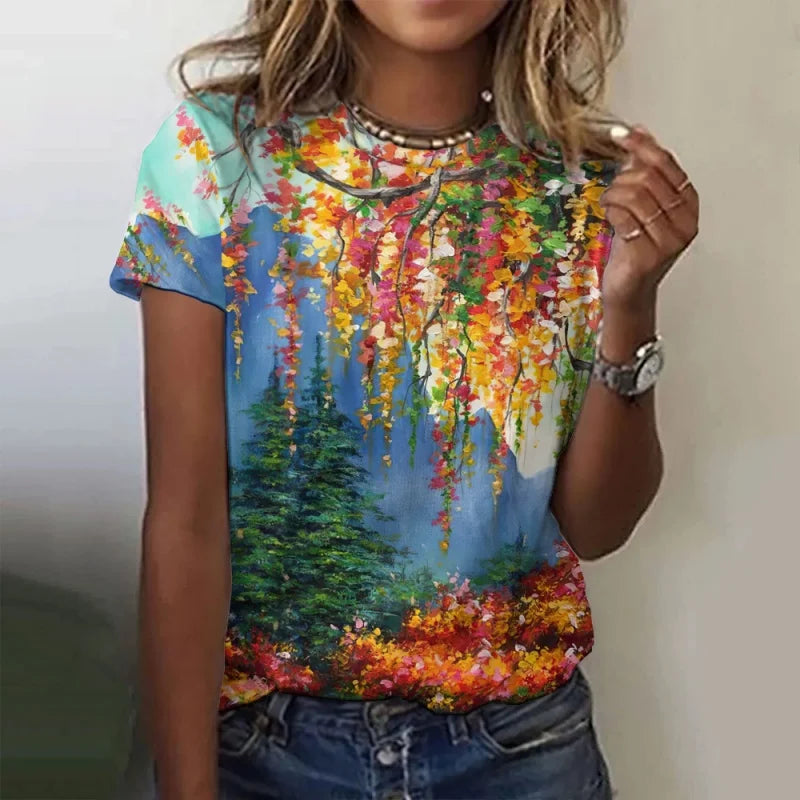 Trees Flowers Pattern T Shirt For Women Ocean Sun 3D Printed Short Sleeves Tees Summer Casual Loose T-Shirts Street O-Neck Tops