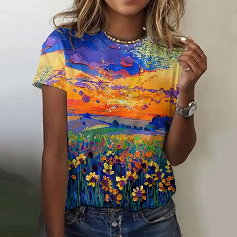 Trees Flowers Pattern T Shirt For Women Ocean Sun 3D Printed Short Sleeves Tees Summer Casual Loose T-Shirts Street O-Neck Tops