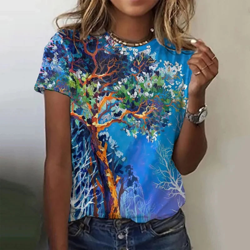 Trees Flowers Pattern T Shirt For Women Ocean Sun 3D Printed Short Sleeves Tees Summer Casual Loose T-Shirts Street O-Neck Tops