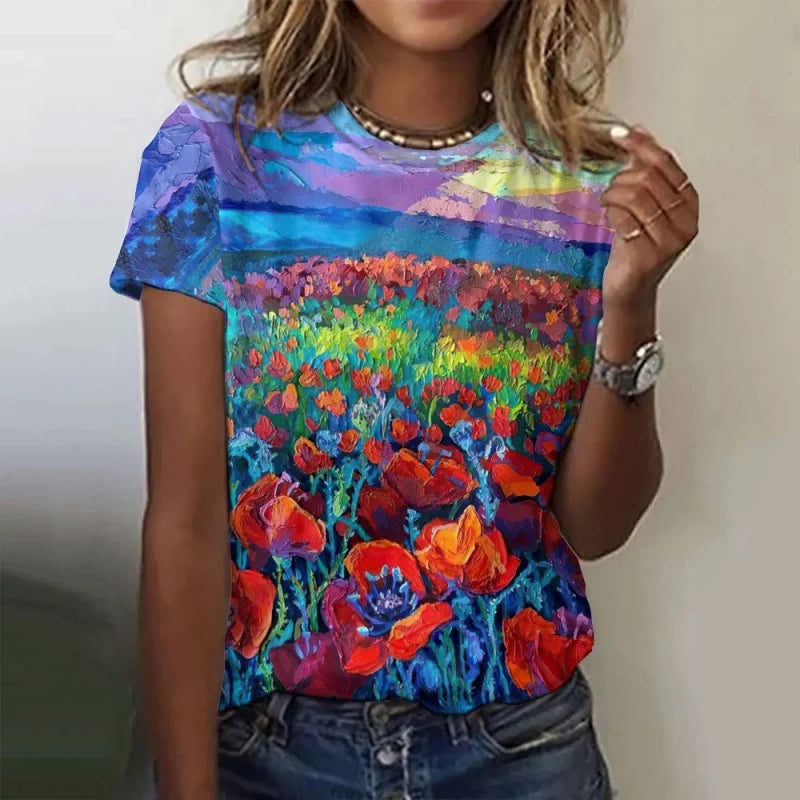 Trees Flowers Pattern T Shirt For Women Ocean Sun 3D Printed Short Sleeves Tees Summer Casual Loose T-Shirts Street O-Neck Tops