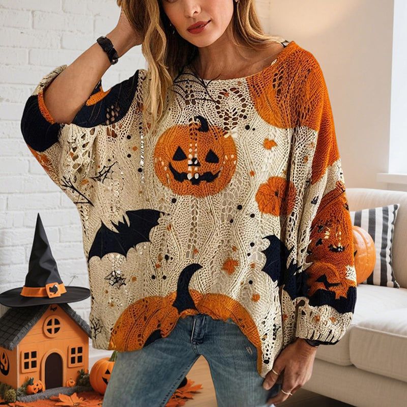 Women's Pumpkin Halloween Print Batwing Sleeve Top with Diamond Cutouts – Loose Fit Blouse for Spring Summer
