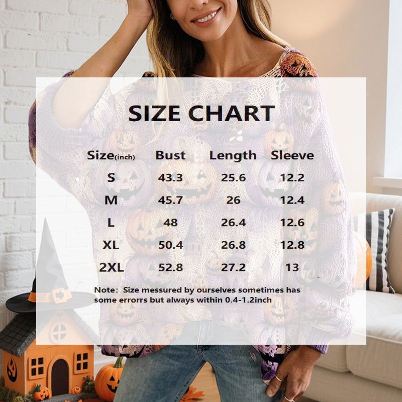 Women's Pumpkin Halloween Print Batwing Sleeve Top with Diamond Cutouts – Loose Fit Blouse for Spring Summer