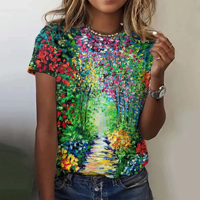 Trees Flowers Pattern T Shirt For Women Ocean Sun 3D Printed Short Sleeves Tees Summer Casual Loose T-Shirts Street O-Neck Tops