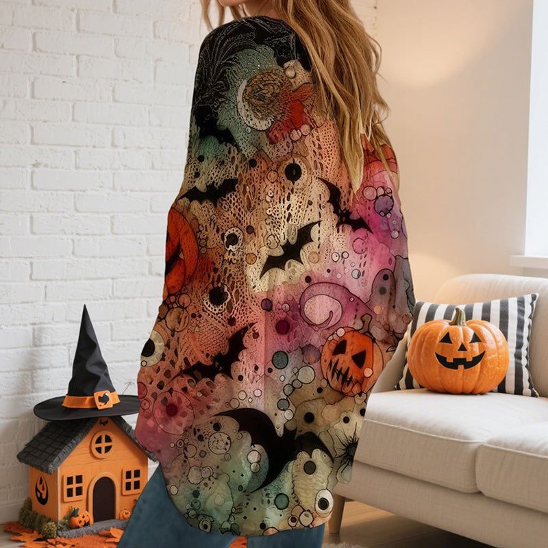 Women's Pumpkin Halloween Print Batwing Sleeve Top with Diamond Cutouts – Loose Fit Blouse for Spring Summer