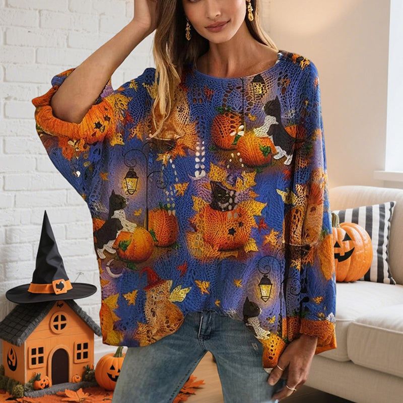 Women's Pumpkin Halloween Print Batwing Sleeve Top with Diamond Cutouts – Loose Fit Blouse for Spring Summer