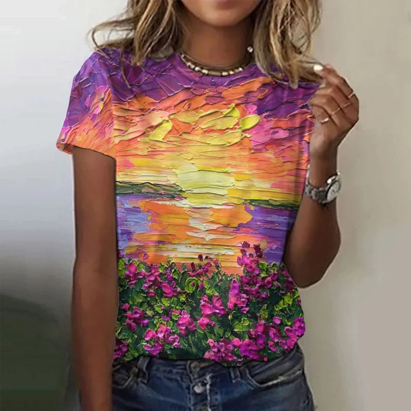 Trees Flowers Pattern T Shirt For Women Ocean Sun 3D Printed Short Sleeves Tees Summer Casual Loose T-Shirts Street O-Neck Tops
