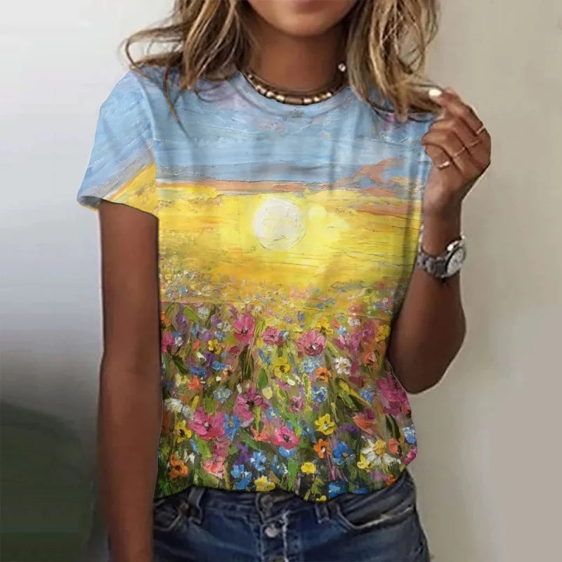 Trees Flowers Pattern T Shirt For Women Ocean Sun 3D Printed Short Sleeves Tees Summer Casual Loose T-Shirts Street O-Neck Tops