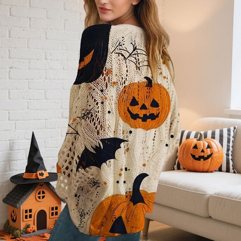 Women's Pumpkin Halloween Print Batwing Sleeve Top with Diamond Cutouts – Loose Fit Blouse for Spring Summer