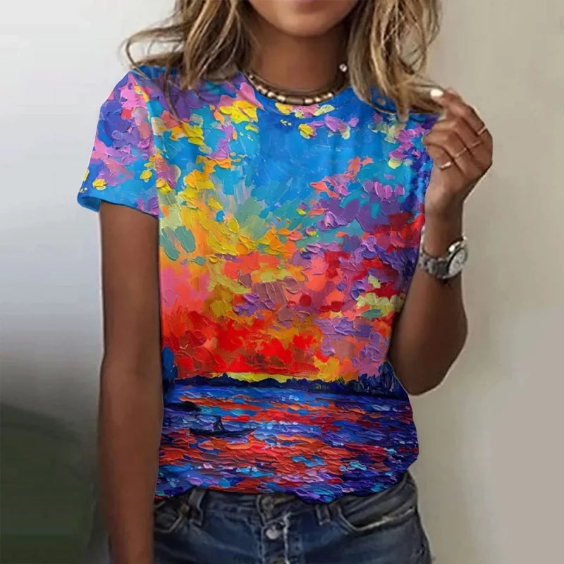 Trees Flowers Pattern T Shirt For Women Ocean Sun 3D Printed Short Sleeves Tees Summer Casual Loose T-Shirts Street O-Neck Tops