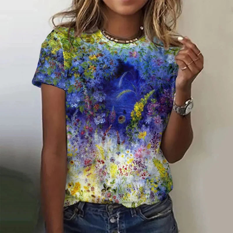 Trees Flowers Pattern T Shirt For Women Ocean Sun 3D Printed Short Sleeves Tees Summer Casual Loose T-Shirts Street O-Neck Tops