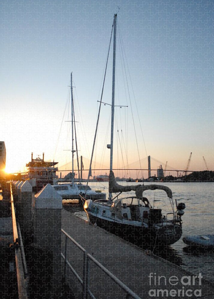 Boats Docked at Sunset Jigsaw Puzzle by Independent Artist