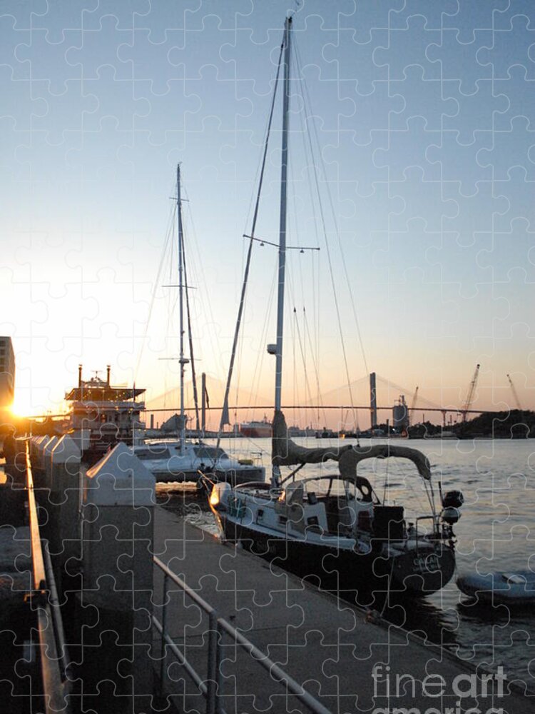 Boats Docked at Sunset Jigsaw Puzzle by Independent Artist
