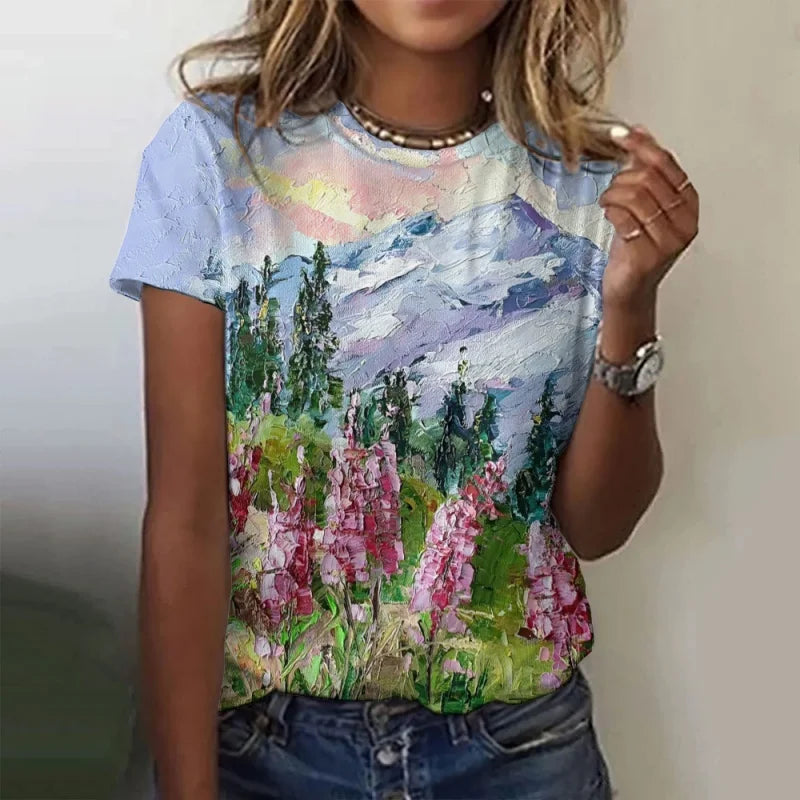 Trees Flowers Pattern T Shirt For Women Ocean Sun 3D Printed Short Sleeves Tees Summer Casual Loose T-Shirts Street O-Neck Tops