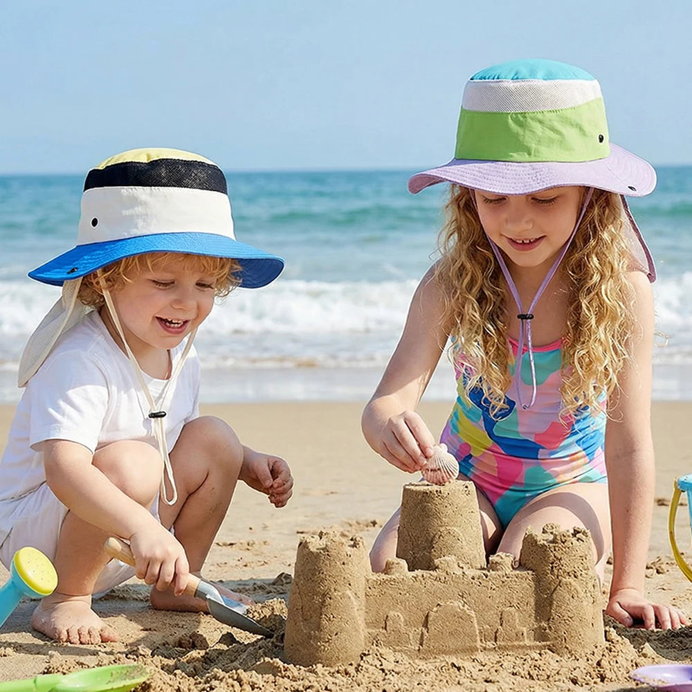 Summer Children Bucket Hat with Shawl Quick-dry Kids Sun Hats Neck Protection Child Panama Cap for Girls Boys Beach Travel 4-10Y