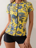 Women's 2 Piece Rash Guard Set Yellow Floral Print Short Sleeve Zipper Front Top with Black Boy Shorts UV Protection Swimwear