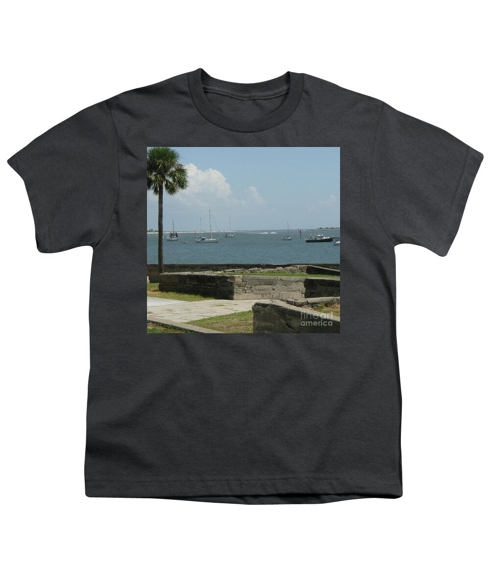 Youth T-Shirt with Sailing Boats and Coastal View Design, 100% Cotton, Machine Washable