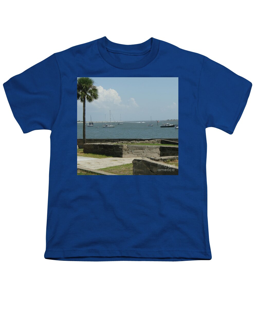 Youth T-Shirt with Sailing Boats and Coastal View Design, 100% Cotton, Machine Washable