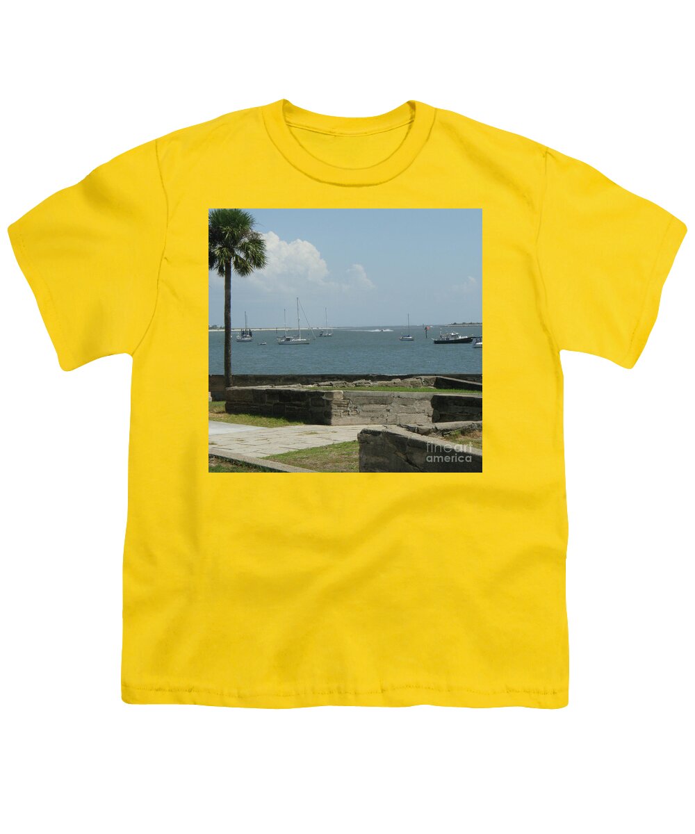 Youth T-Shirt with Sailing Boats and Coastal View Design, 100% Cotton, Machine Washable