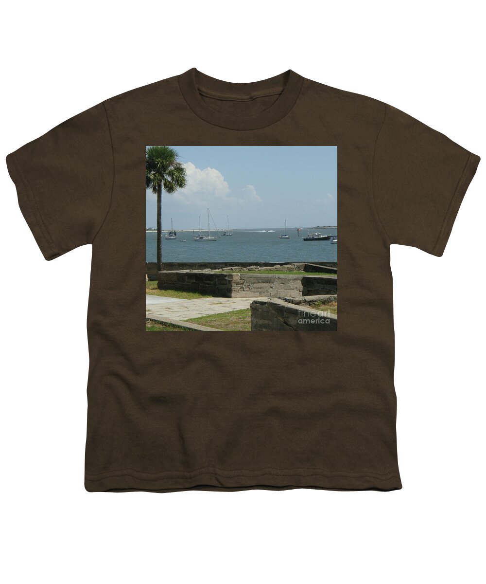 Youth T-Shirt with Sailing Boats and Coastal View Design, 100% Cotton, Machine Washable