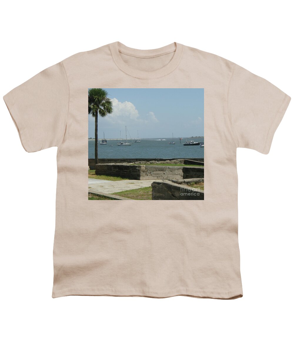 Youth T-Shirt with Sailing Boats and Coastal View Design, 100% Cotton, Machine Washable