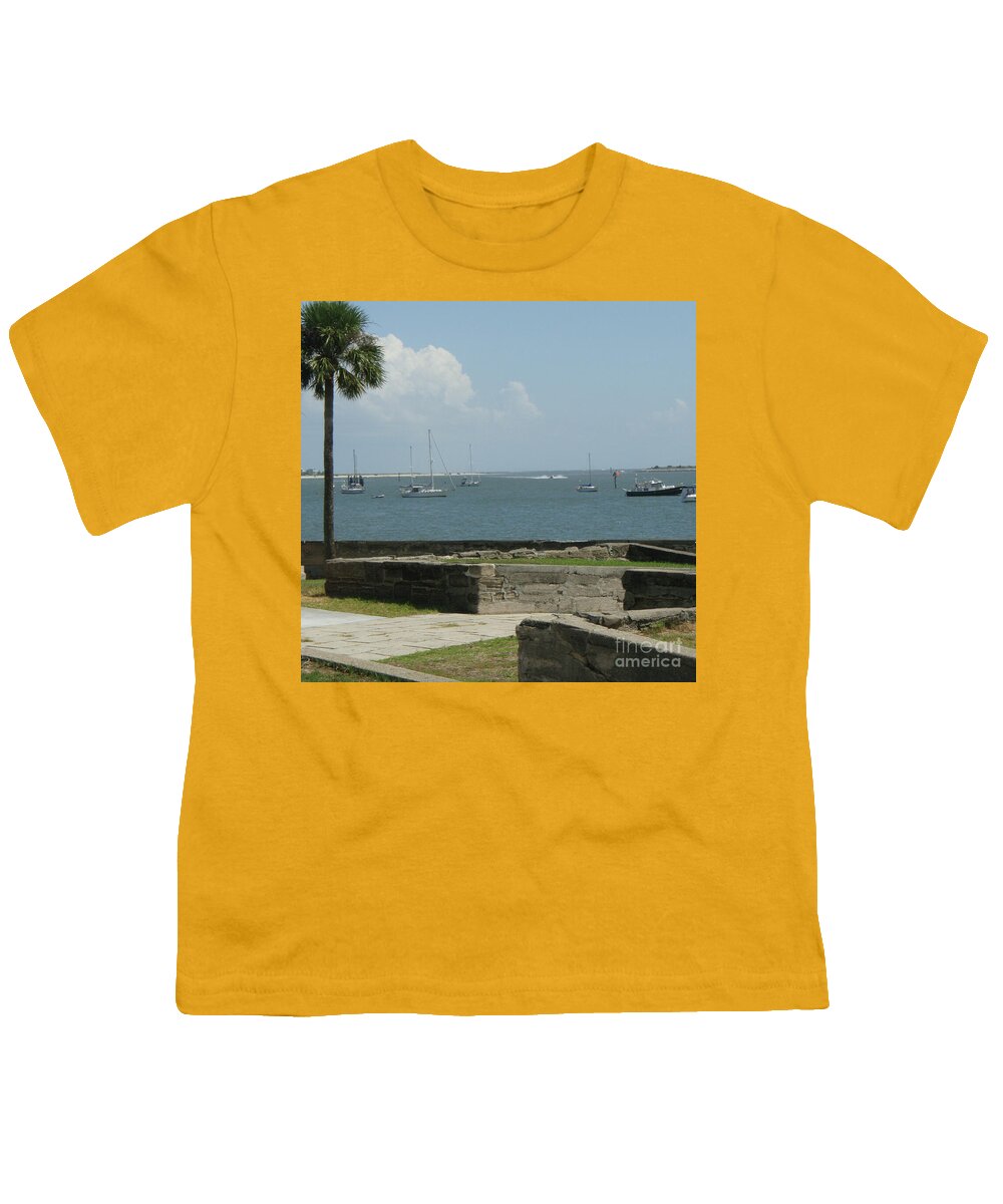 Youth T-Shirt with Sailing Boats and Coastal View Design, 100% Cotton, Machine Washable