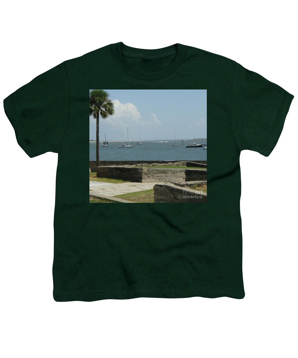Youth T-Shirt with Sailing Boats and Coastal View Design, 100% Cotton, Machine Washable