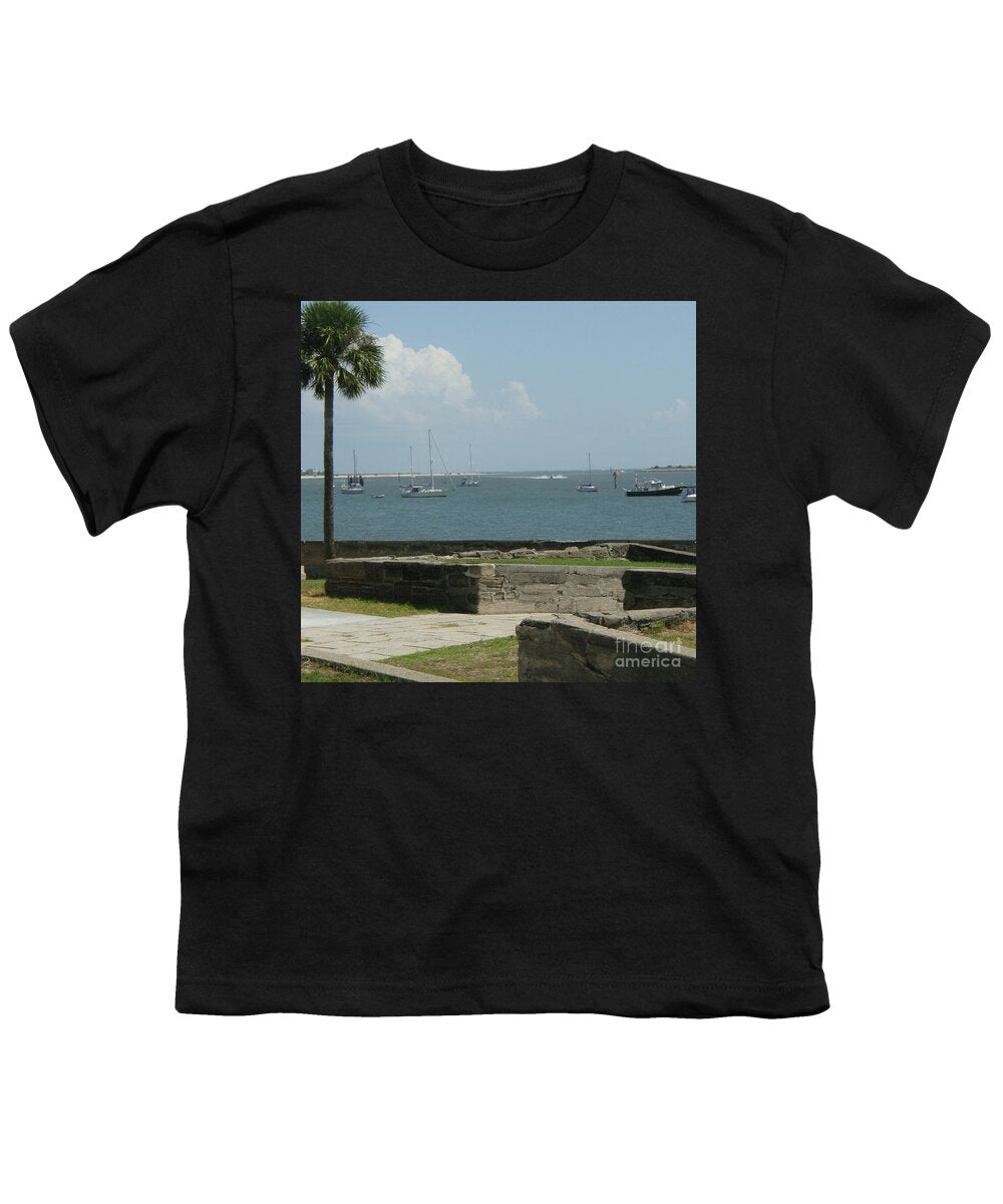 Youth T-Shirt with Sailing Boats and Coastal View Design, 100% Cotton, Machine Washable