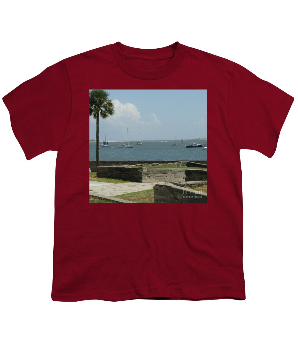 Youth T-Shirt with Sailing Boats and Coastal View Design, 100% Cotton, Machine Washable