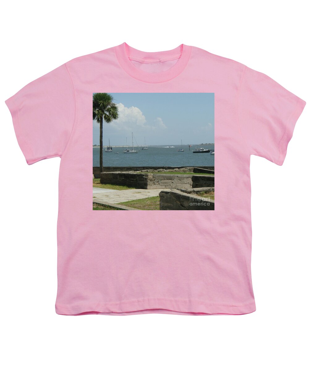 Youth T-Shirt with Sailing Boats and Coastal View Design, 100% Cotton, Machine Washable