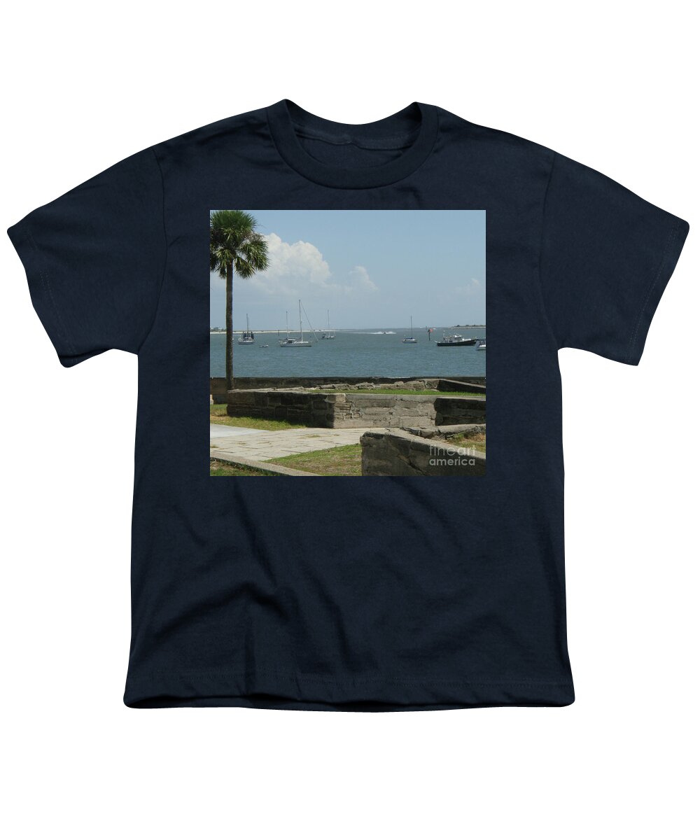 Youth T-Shirt with Sailing Boats and Coastal View Design, 100% Cotton, Machine Washable