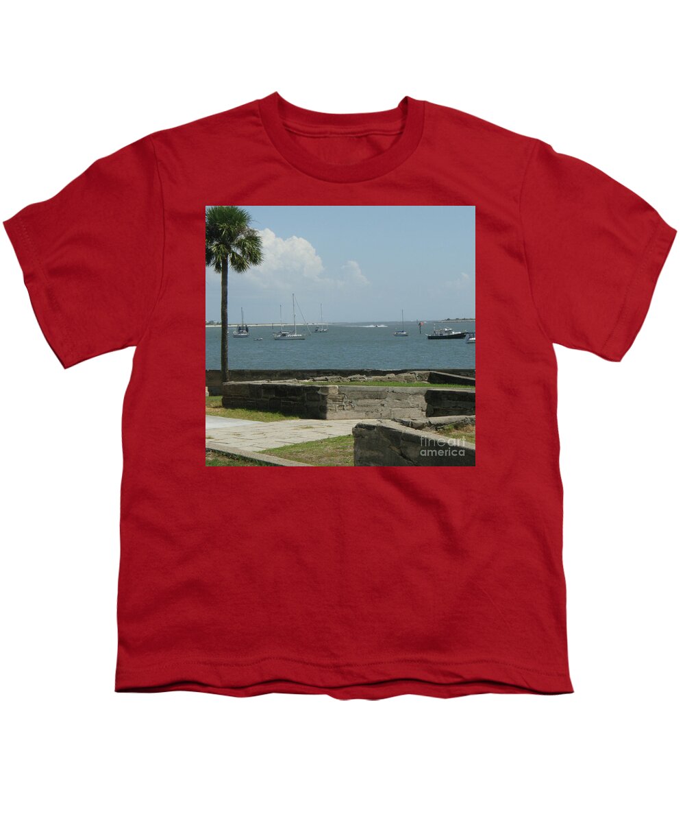 Youth T-Shirt with Sailing Boats and Coastal View Design, 100% Cotton, Machine Washable