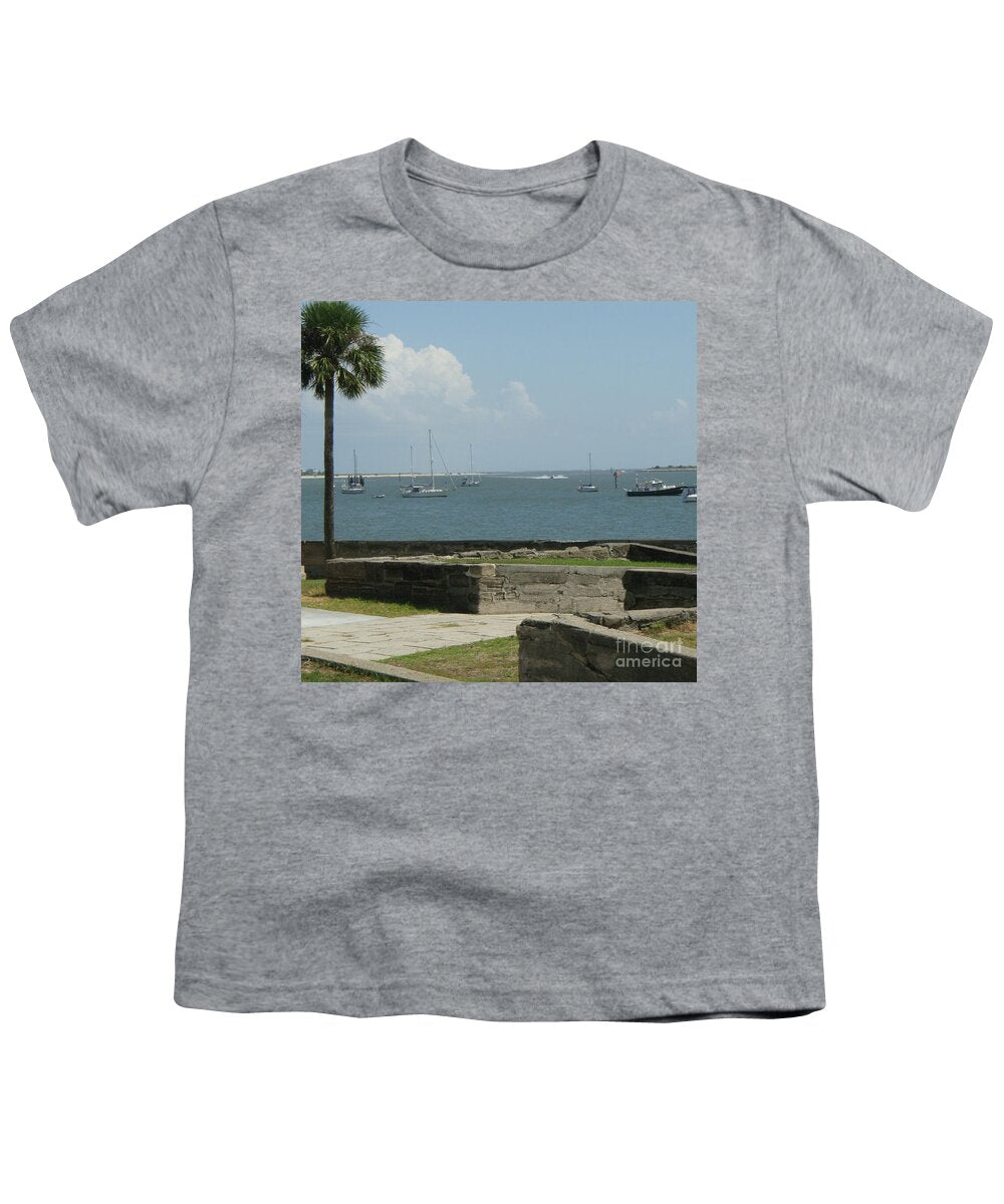 Youth T-Shirt with Sailing Boats and Coastal View Design, 100% Cotton, Machine Washable