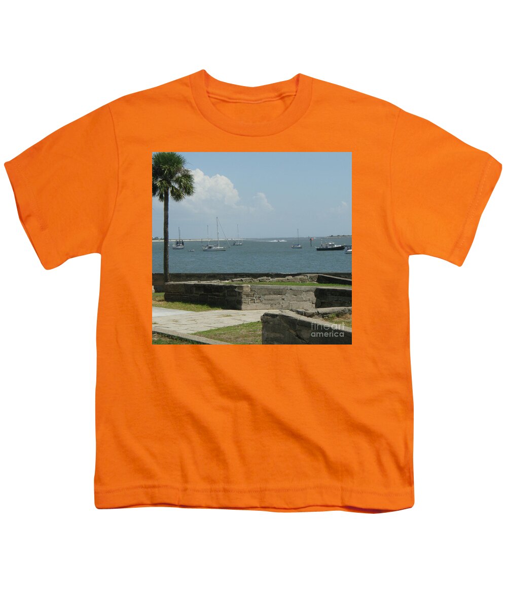 Youth T-Shirt with Sailing Boats and Coastal View Design, 100% Cotton, Machine Washable