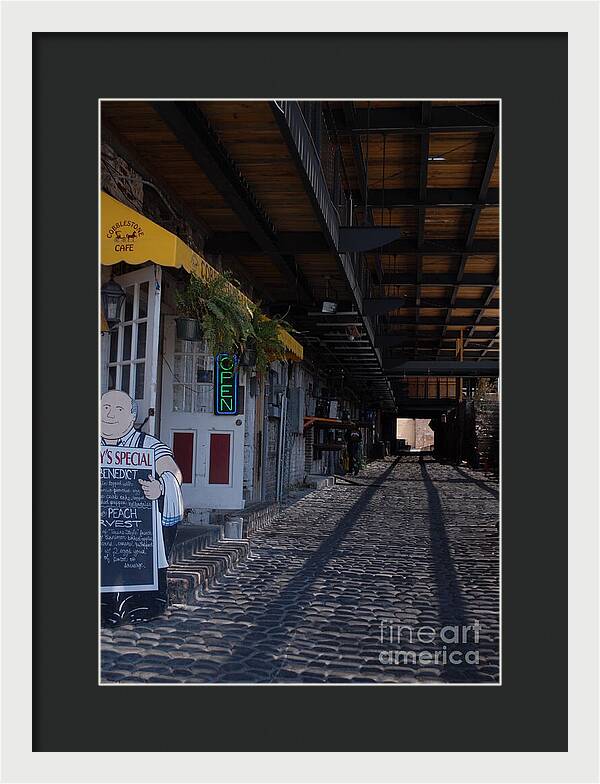 Cobblestone Cafe Exterior in Alley - Framed Print