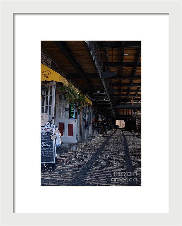 Cobblestone Cafe Exterior in Alley - Framed Print