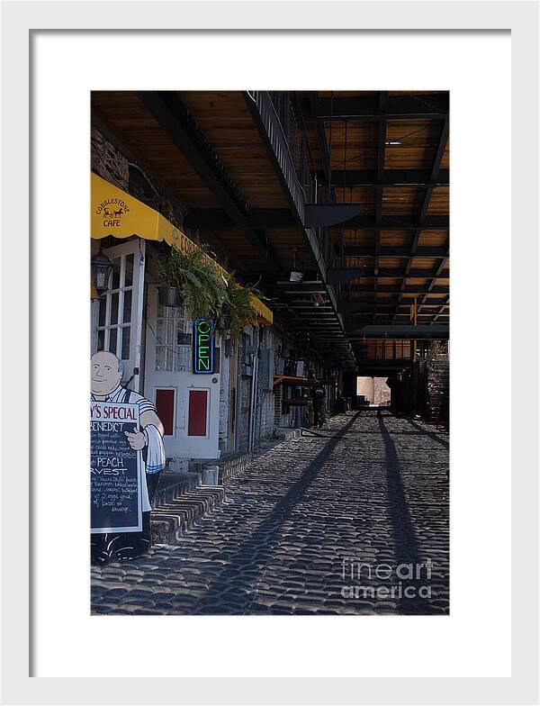 Cobblestone Cafe Exterior in Alley - Framed Print