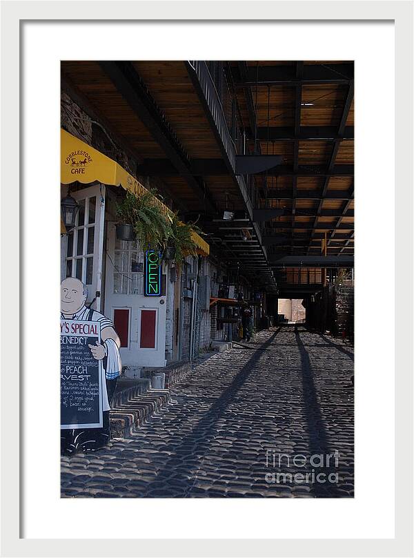 Cobblestone Cafe Exterior in Alley - Framed Print