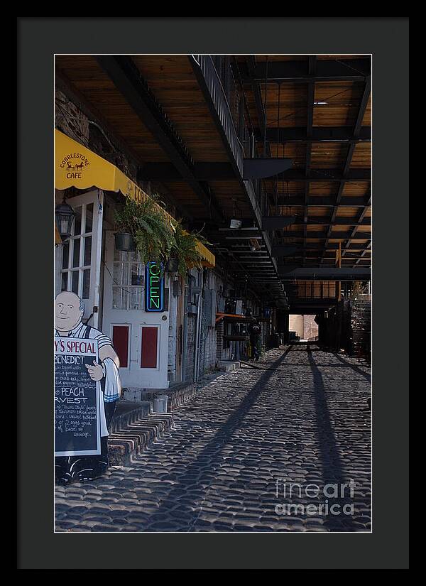 Cobblestone Cafe Exterior in Alley - Framed Print