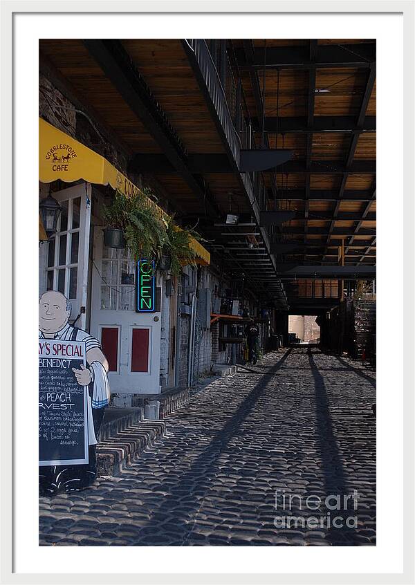 Cobblestone Cafe Exterior in Alley - Framed Print