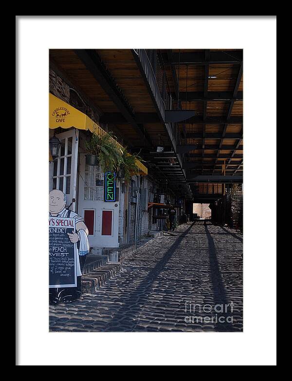 Cobblestone Cafe Exterior in Alley - Framed Print