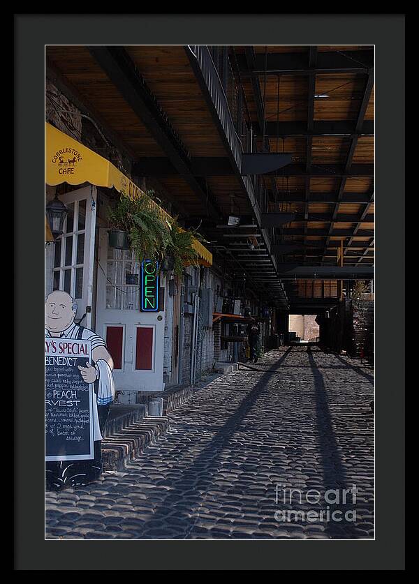 Cobblestone Cafe Exterior in Alley - Framed Print