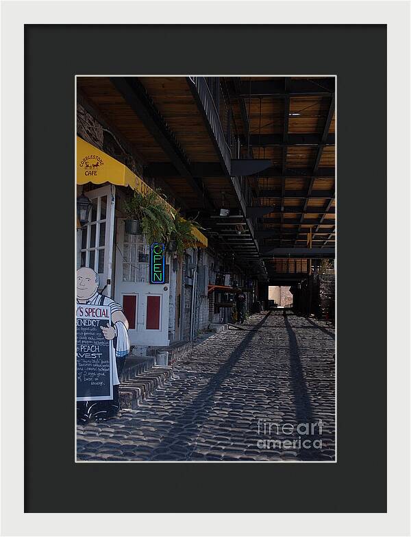 Cobblestone Cafe Exterior in Alley - Framed Print