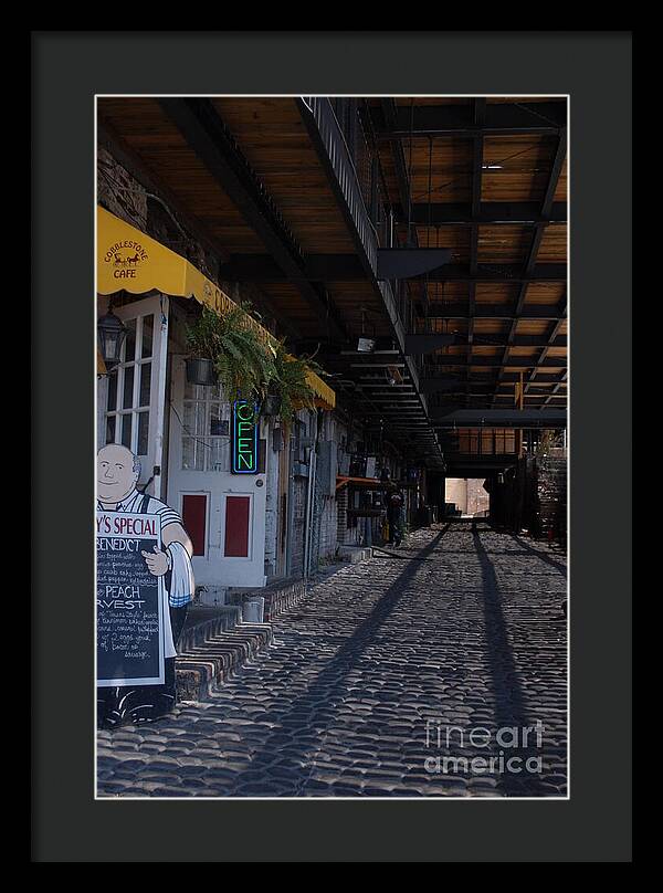 Cobblestone Cafe Exterior in Alley - Framed Print
