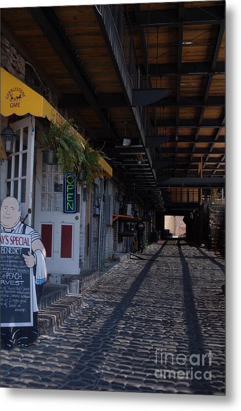 Cobblestone Cafe Exterior in Alley - Metal Print