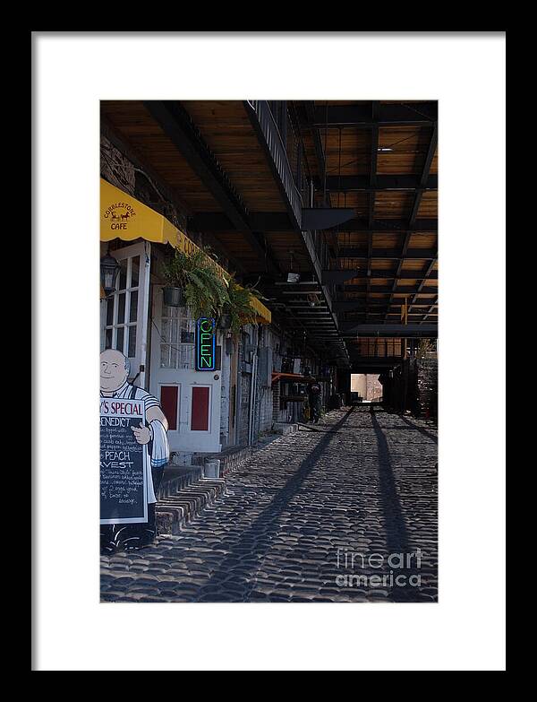 Cobblestone Cafe Exterior in Alley - Framed Print
