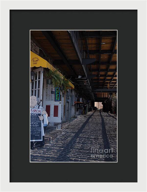 Cobblestone Cafe Exterior in Alley - Framed Print