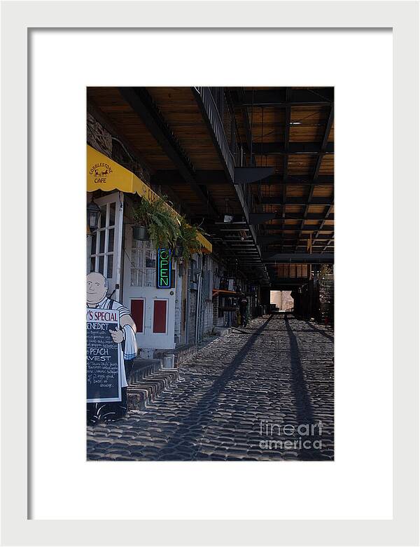Cobblestone Cafe Exterior in Alley - Framed Print