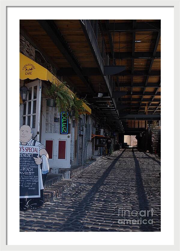 Cobblestone Cafe Exterior in Alley - Framed Print