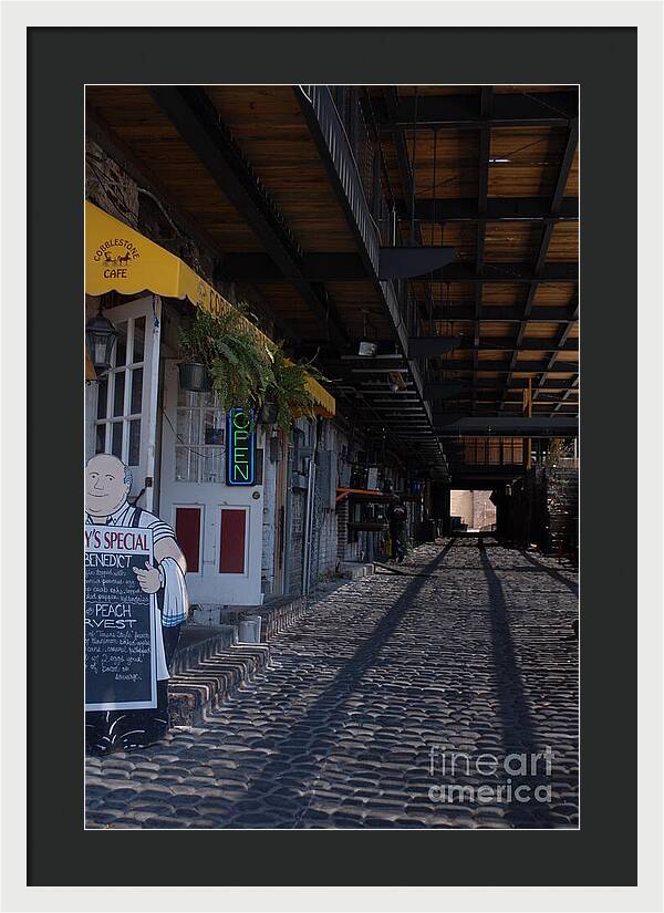 Cobblestone Cafe Exterior in Alley - Framed Print